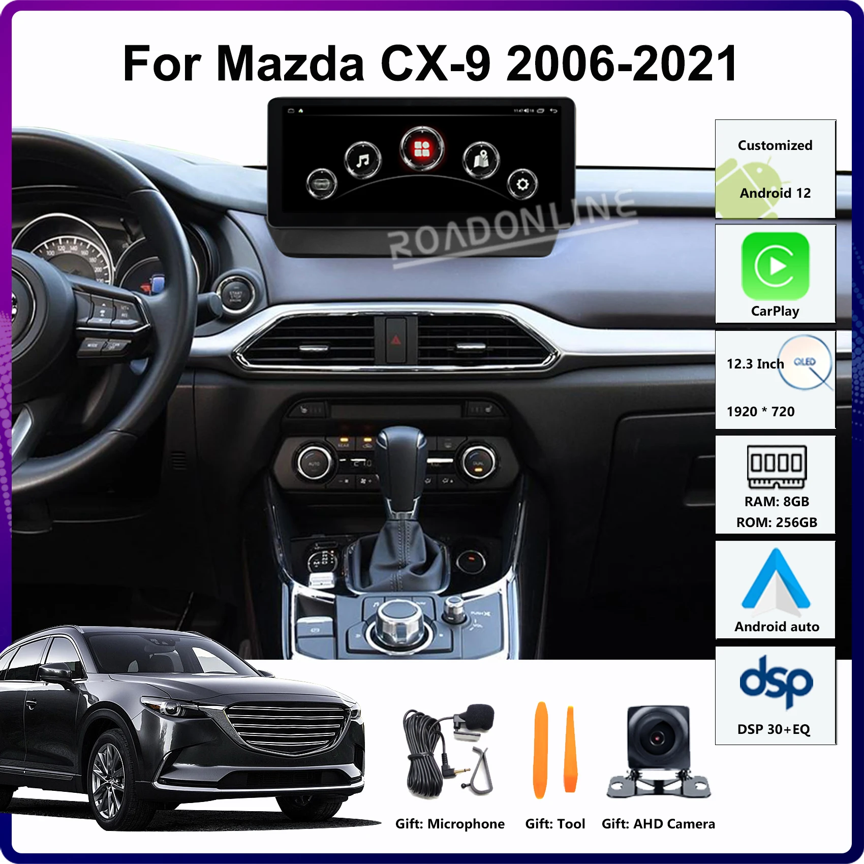 

12,3/10,25 дюймовый Android 12 для Mazda CX-9 CX9 2016-2021 8-ядерный 1920*720 8 + 256 ГБ GPS Автомобильный мультимедийный плеер стерео приемник радио