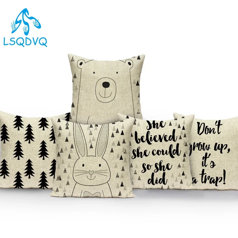 Black and White Cartoon Animals Decorative Pillow Cover