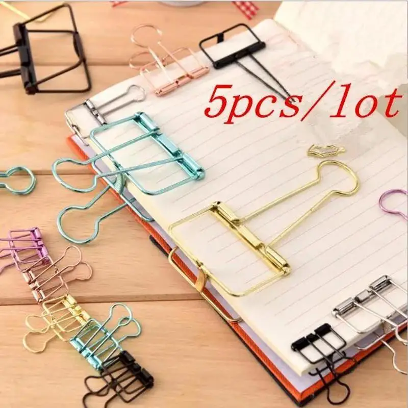 5Pcs Rose Gold Metal Binder Clips Office Binding Supplies Paper Documents School Accessories Kawaii Photo Decorative Bookmark