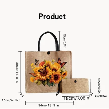 مجموعة حقائب يد مطبوعة بنمط عباد الشمس مكونة من قطعتين، حقائب يد خفيفة الوزن مع محفظة للعملات المعدنية، مناسبة للتسوق والسفر 4