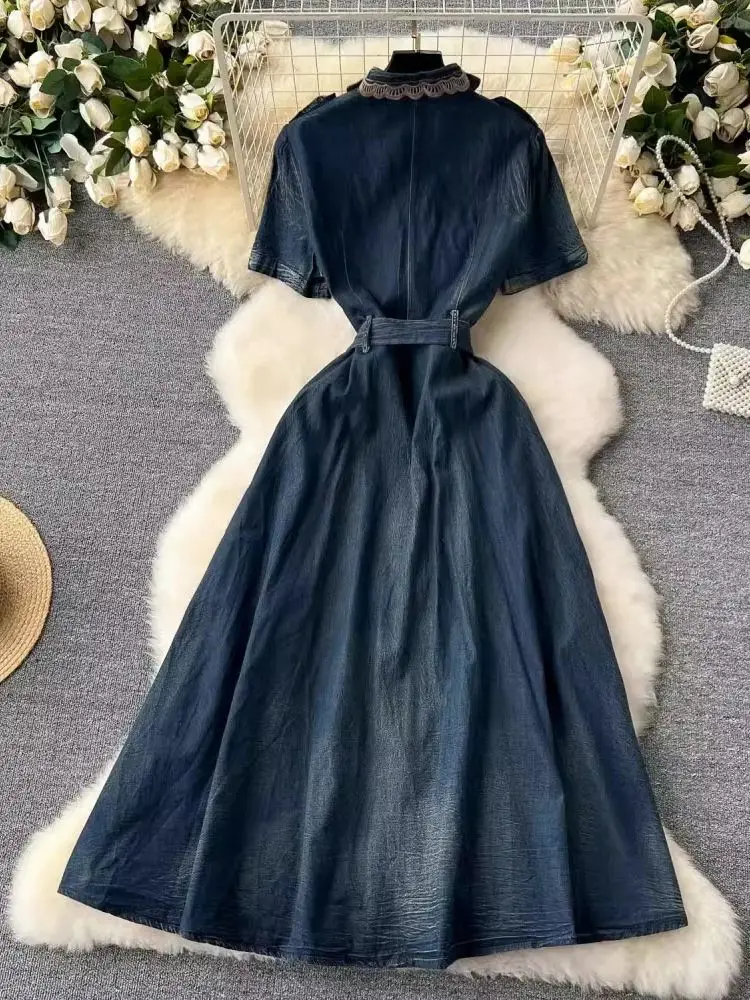 Summer Fashion Denim Long Dress Embroidery Shirt Collar Pocket  