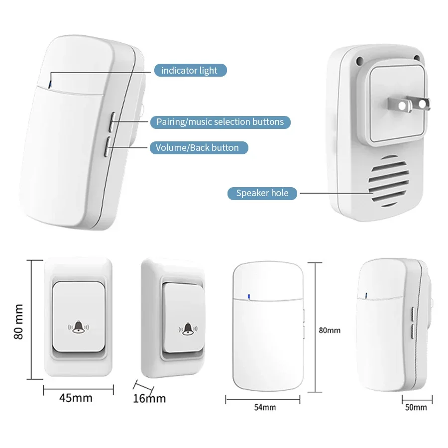RF 433MHz Wireless Doorbell EU US Plug Outdoor Waterproof 38 Ringtones Door Bell 3-level Volume Adjustment Home Door Bell