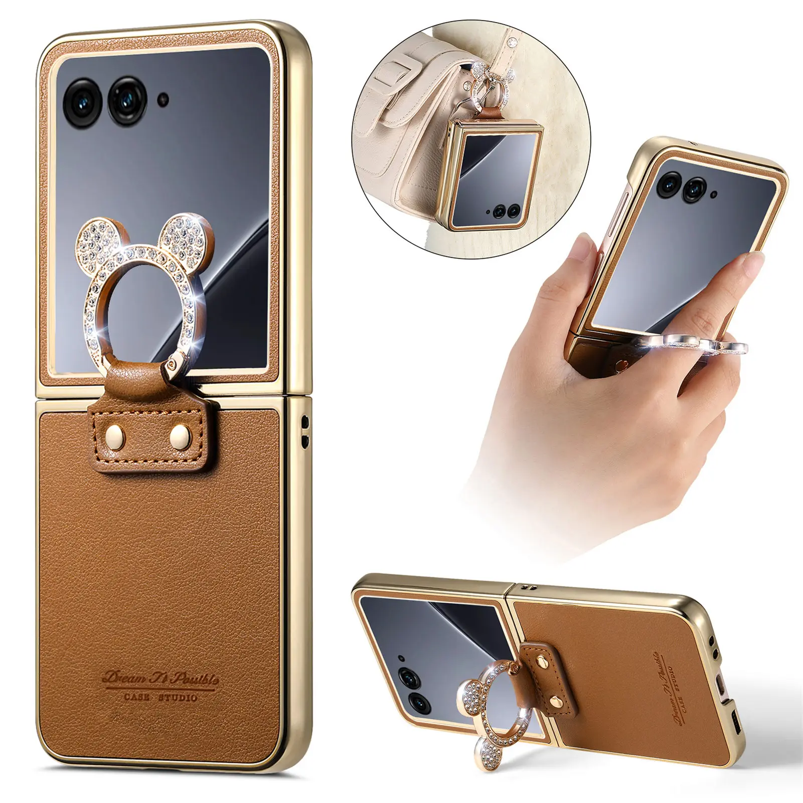 Elegant Magnetic Ring Holder Leather Case with Diamond Accents - Shockproof & Stylish Cover