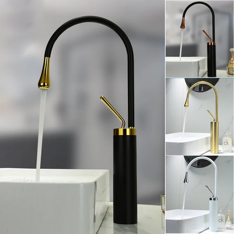 

All copper cold and hot faucet Nordic light luxury washbasin, raised basin, lengthened art basin, water drop faucet, black