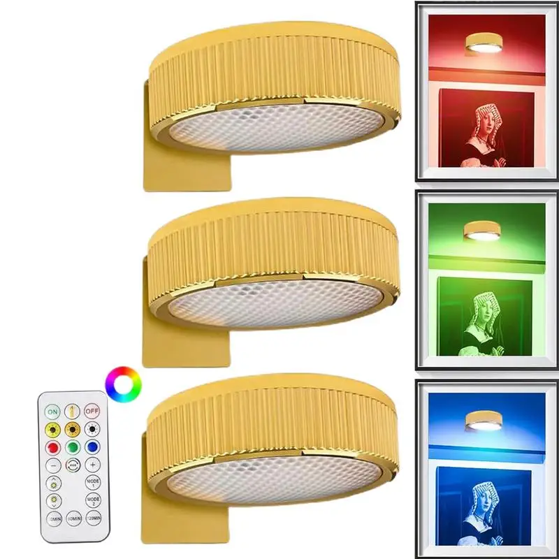 3Pcs Battery Operated Picture Light Magnetic Led Painting Light 24 Color Spotlight with Remote Control Dimmable Painting