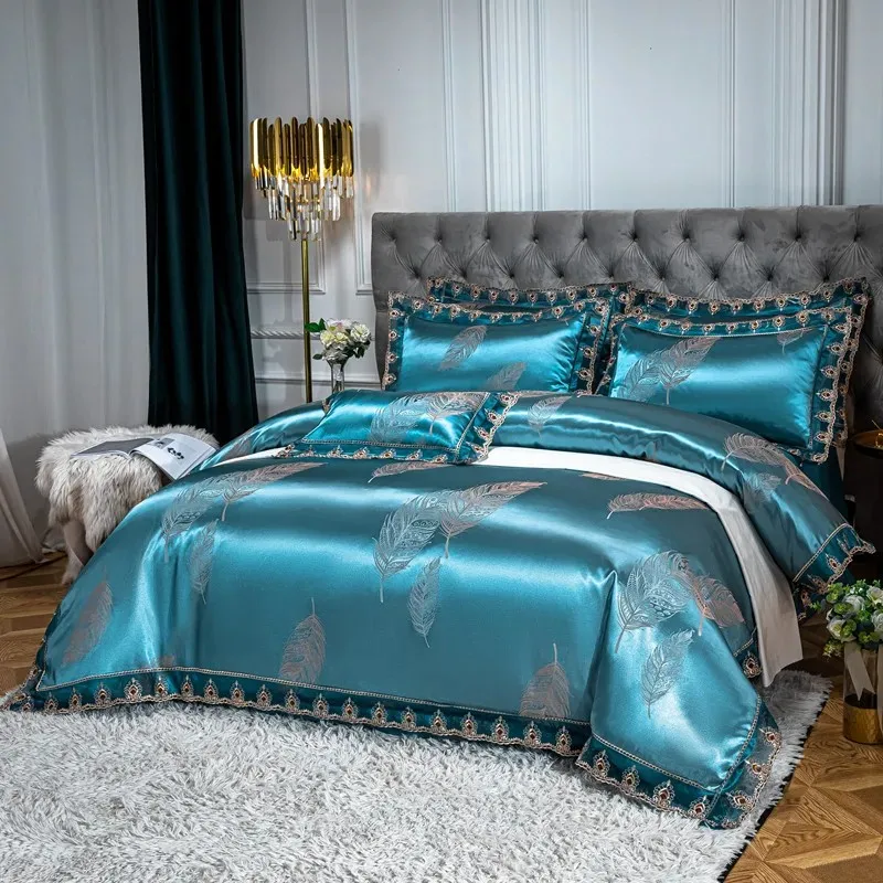 Jacquard Weave Sateen Lace Natural Chic Heavy Comforter Cover Set 4Pcs Satin Soft Luxury 1Duvet Cover 1Flat Sheet 2Pillowcases 2