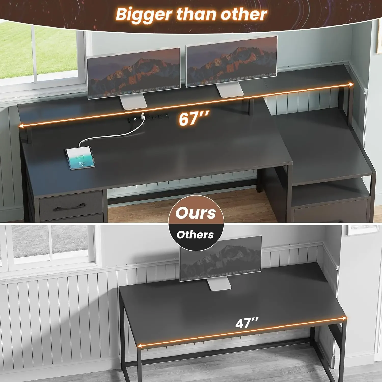 Computer Desk with 5 Drawer Power Outlet & Led Lights 66'' Home Office Desk with File Drawer Storage Monitor Shelf Gaming Desk 6