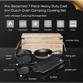 Bruntmor Camping Cooking Set Of 7. Pre Seasoned Cast Iron Pots And Pans Dutch Oven With Lids For Outdoor Comefire.Grill Cookware 2