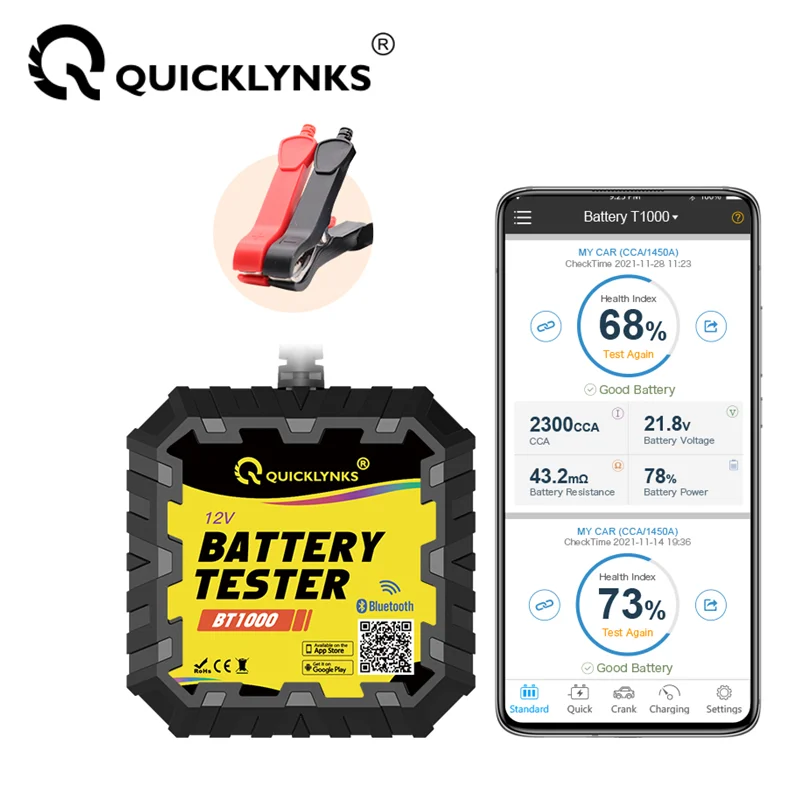 QUICKLYNKS BT1000 Bluetooth 4.0 12V Car Motorcycle Truck Battery Tester Cranking Charging Resistance Test 2000 CCA Battery Tool Battery Monitoring Tester