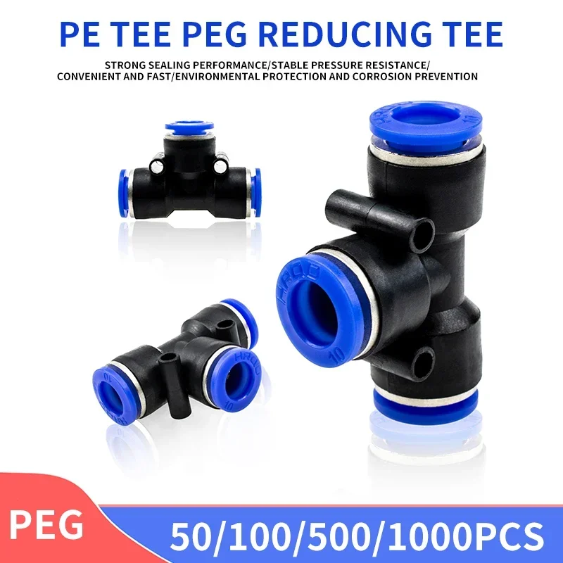 

50/100Pcs PE Pneumatic Fitting Plastic Connector 4/6/8/10/12/14/16mm Air Water Hose Tube T-type Tee Push in Quick Connectors