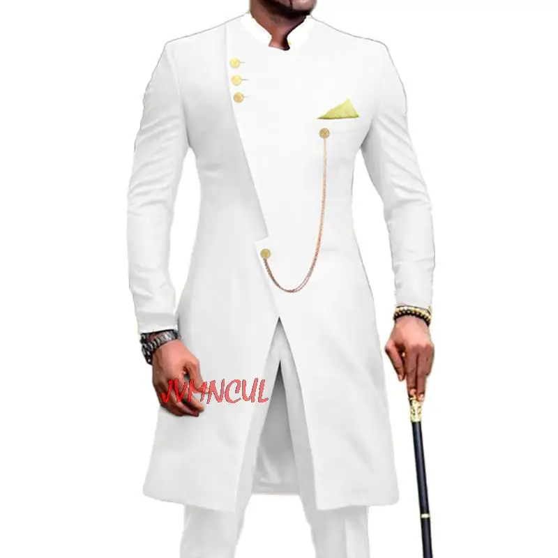

African Suit for Men Solid White Long Jackets and Pants 2 Piece Slim Fit Formal Outfits Wedding Costume Homme Classic Blazer Set
