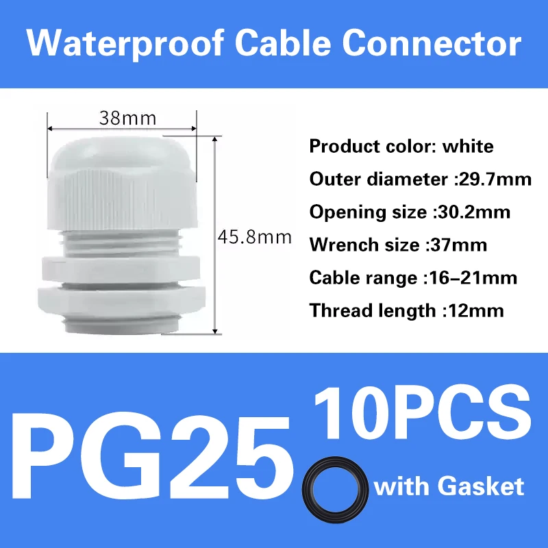 Waterproof IP68 Nylon Cable Gland Connector - White/Black