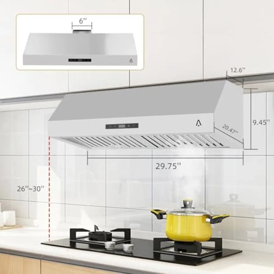 Under Cabinet Range Hood 30 Inch 400CFM Stainless Steel Kitchen Stove Vent Hood with 3 Speed Exhaust Fan Touch Control LED Ligh