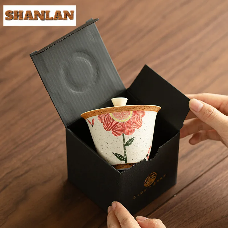 150ml Jingdezhen Powder Yin Cover Bowl Zen Hand-painted Sunflower Gaiwan Ancient Ceramic Tea Tureen Tea Making Tableware Crafts