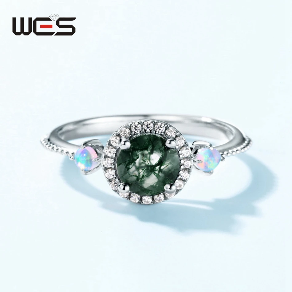 WES 925 Sterling Silver Natural 6*6mm Moss Agate Rings For Woman Anniversary Birthday Gift Fine Jewelry Trendy Elegant