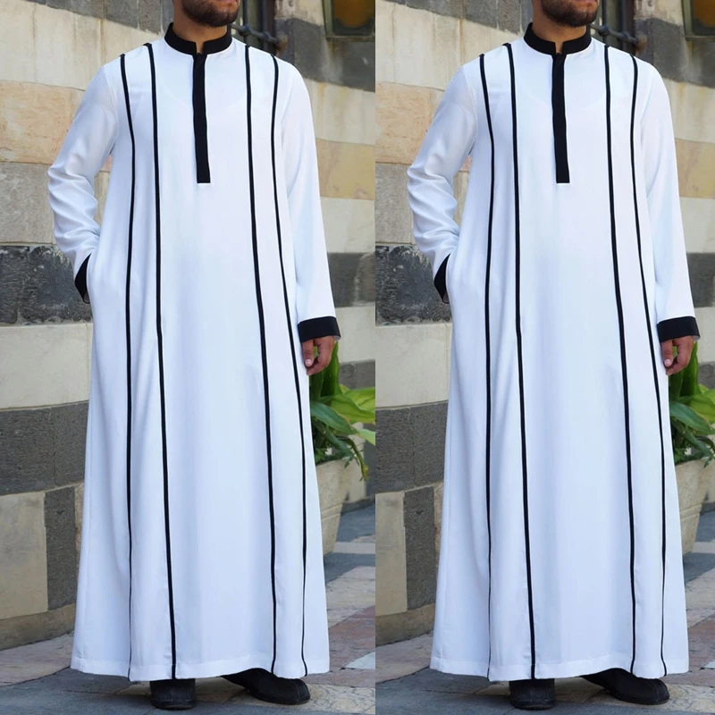 Skin friendly Muslim Clothing Traditional Eid Middle East Jubba Thobe Men Robe w Long Sleeve Crew