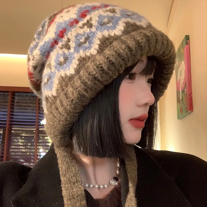 Korean Retro Striped Spliced Pullover Hats Women's Winter Knitted Woolen Hat Thickened Warm Ear Protection Beanies Caps Ethnic