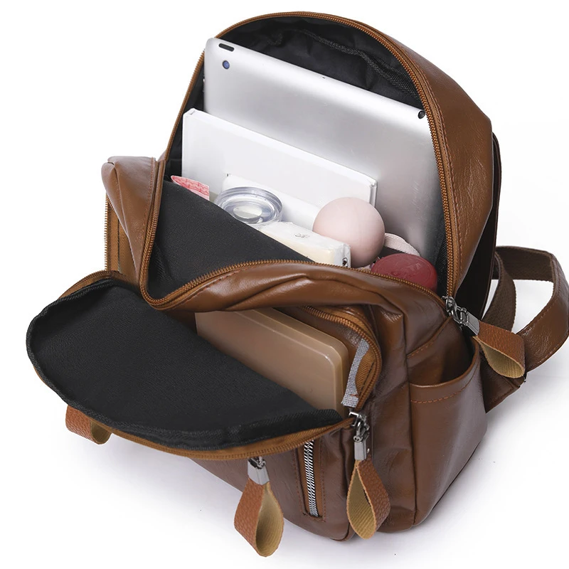 Women's Flap Backpack Solid Color PU Leather Large Capacity Female Daypack Backpack Rucksacks Casual Travel School Bag