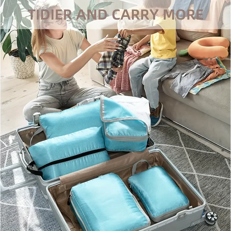 Travel Compression Packing Cubes Suitcase Luggage Organizer Set Zipper Foldable Storage Bag For Clothes Shoes