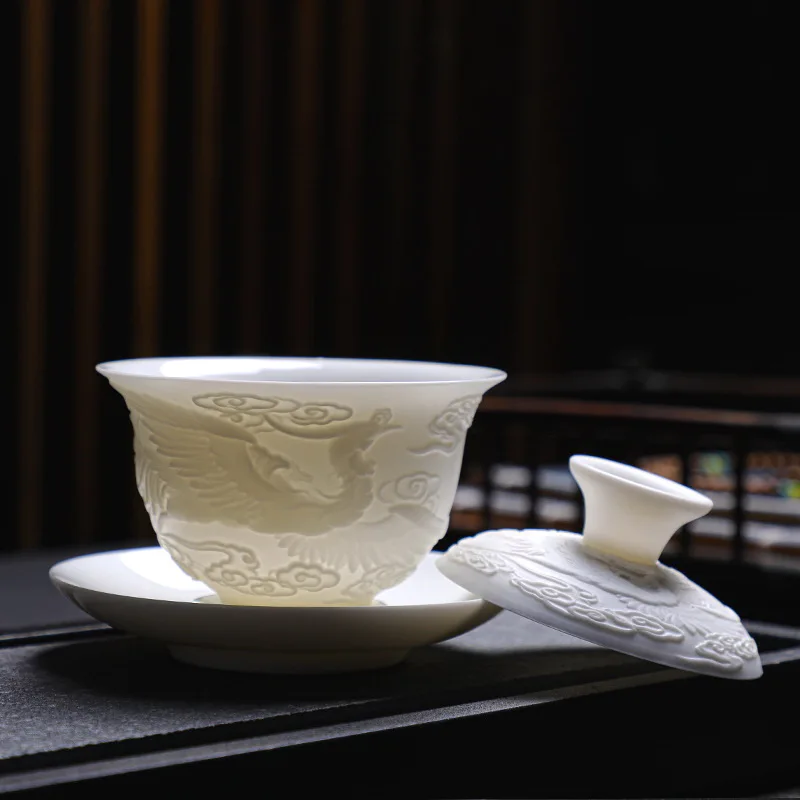Ceramics Gaiwan 150ml relief dragon and phoenix pattern kung fu tea maker drinkware tea set bowls set