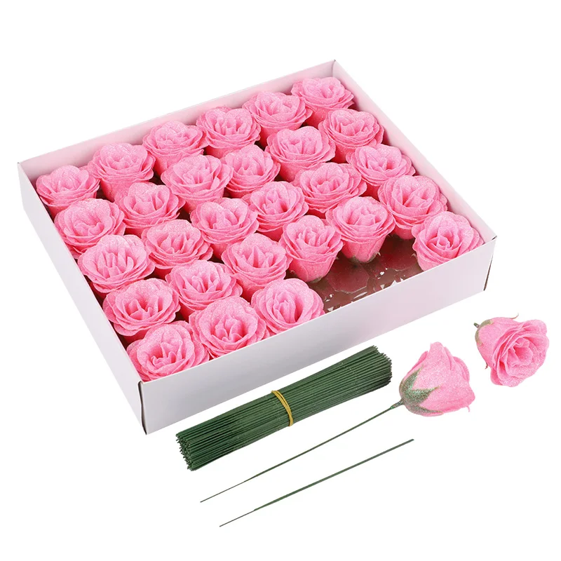 10Pcs Glitter Red Rose Artificial Flowers Bouquet for Wedding Valentine's Day Decoration Baby Shower Party Home Garden DIY Decor