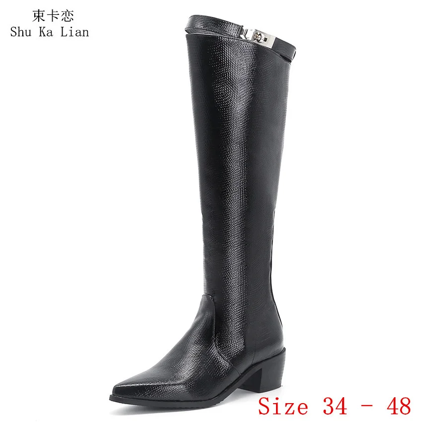 

Spring Autumn Women Knee High Boots Med High Heel Shoes Woman Long Boots Botas Plus Size 34 - 48