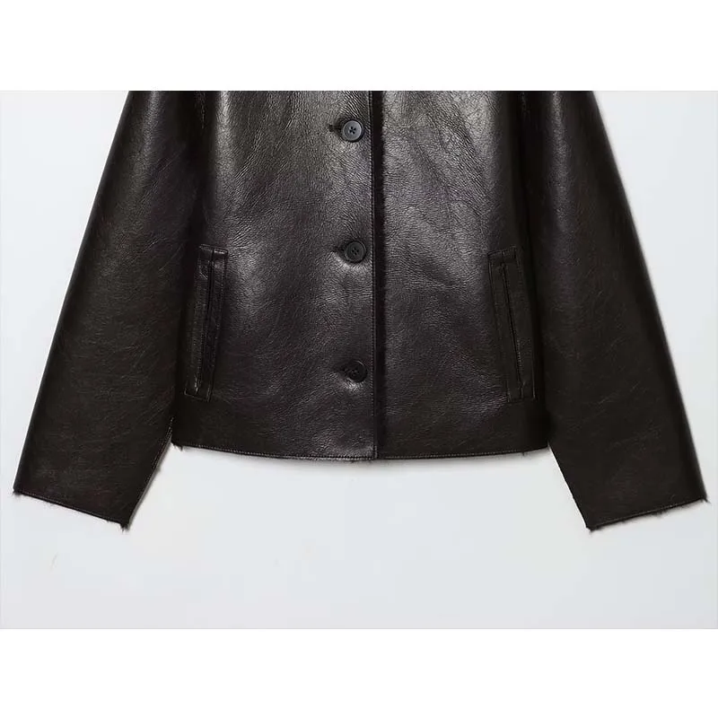Women Faux Leacher Jacket Long Sleeve Double-Sided Wear Fleece Warm Short Coat Causal Autumn Winter Streetwear New Outerwear﻿