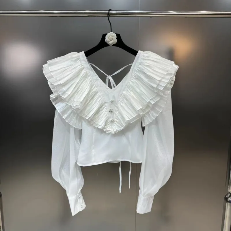 

BORVEMAYS 2024 Spring Summer New Pleated V Neck Long Sleeve Solid Color Diamonds Button Elegant Mesh Shirt Women WZ8245