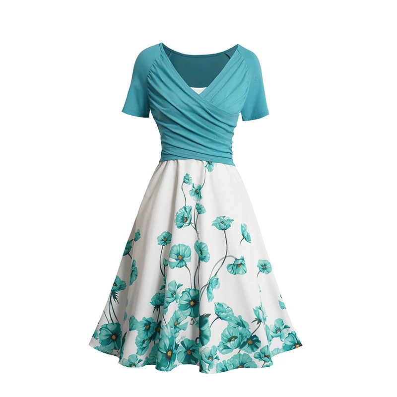 

Women Summer Dresses Surplice Neck Ruched Tee And Floral Print Fit Sleeveless A Line Cami Dress Set платье женское