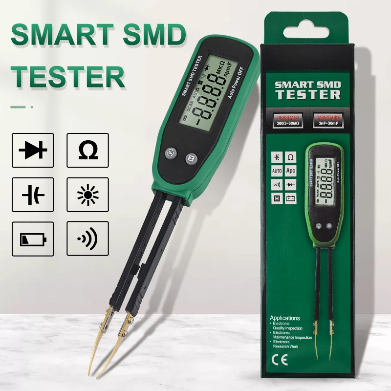 

Smart SMD Tester LCD Display Auto Range Capacitance Resistance Continuity Diode Check Data Hold Rotable Tweezer Pin Multimeter