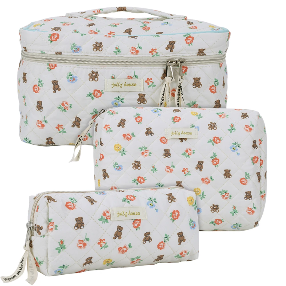 Cotton Quilted Makeup Bag Set for Women Travel Cosmetic Storage