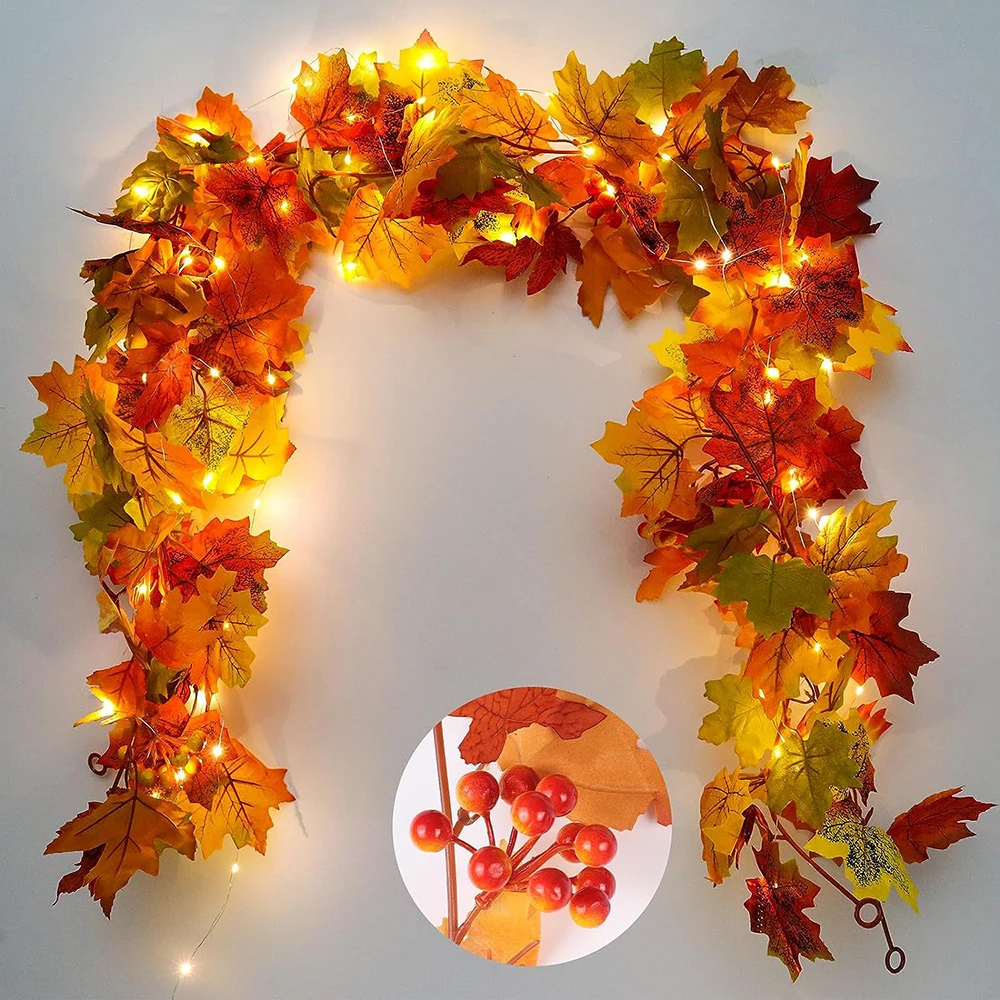 Description Picture 2 of item1.8M Artificial Fall Maple Leaf Garland With Light Fake Plants Autumn Decor Leaves Vine Thanksgiving Halloween Festivals Decora