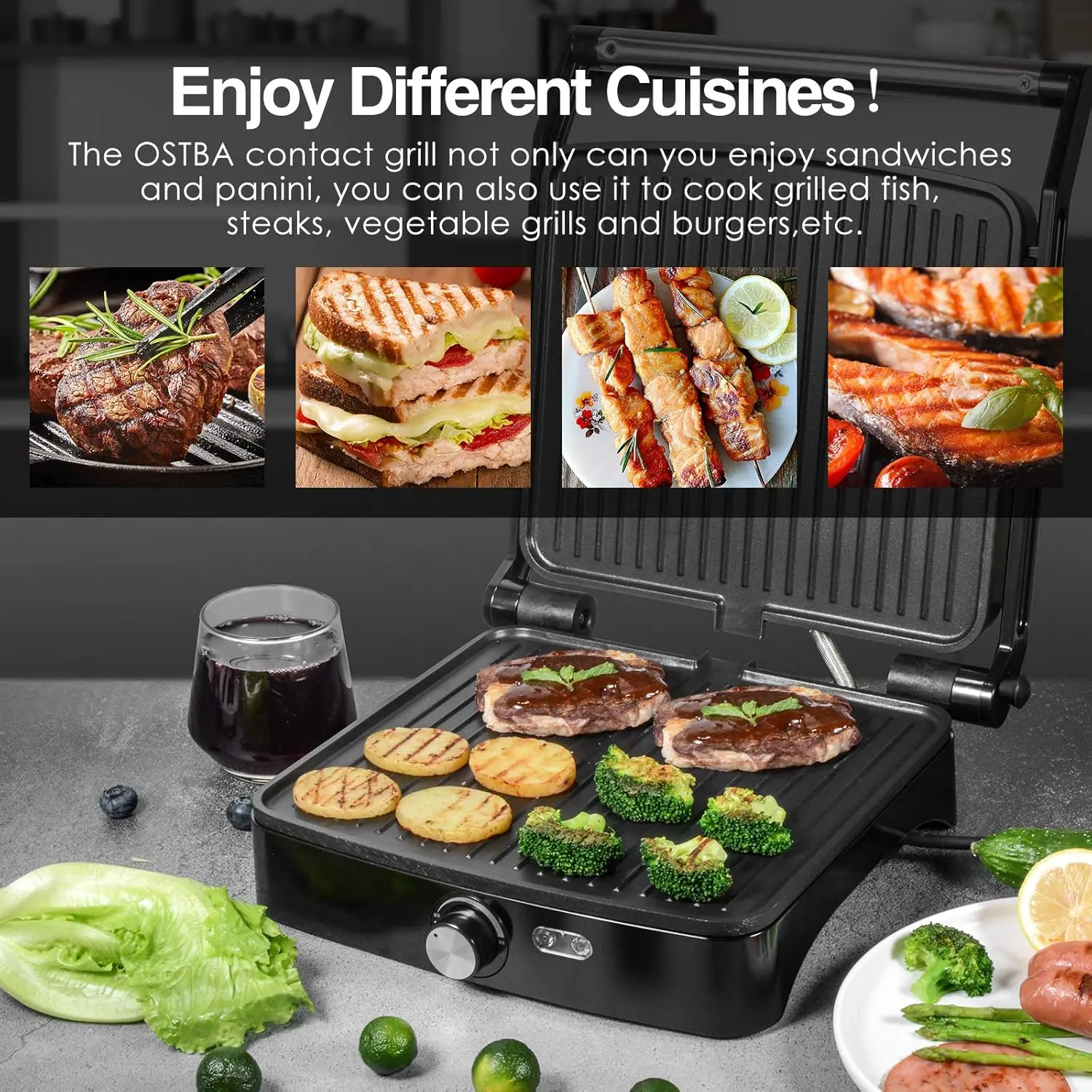 1200W Panini Press Grill with Adjustable Temperature, 4-Slice Indoor Grill, 180° Open Sandwich Maker with Drip Tray 3