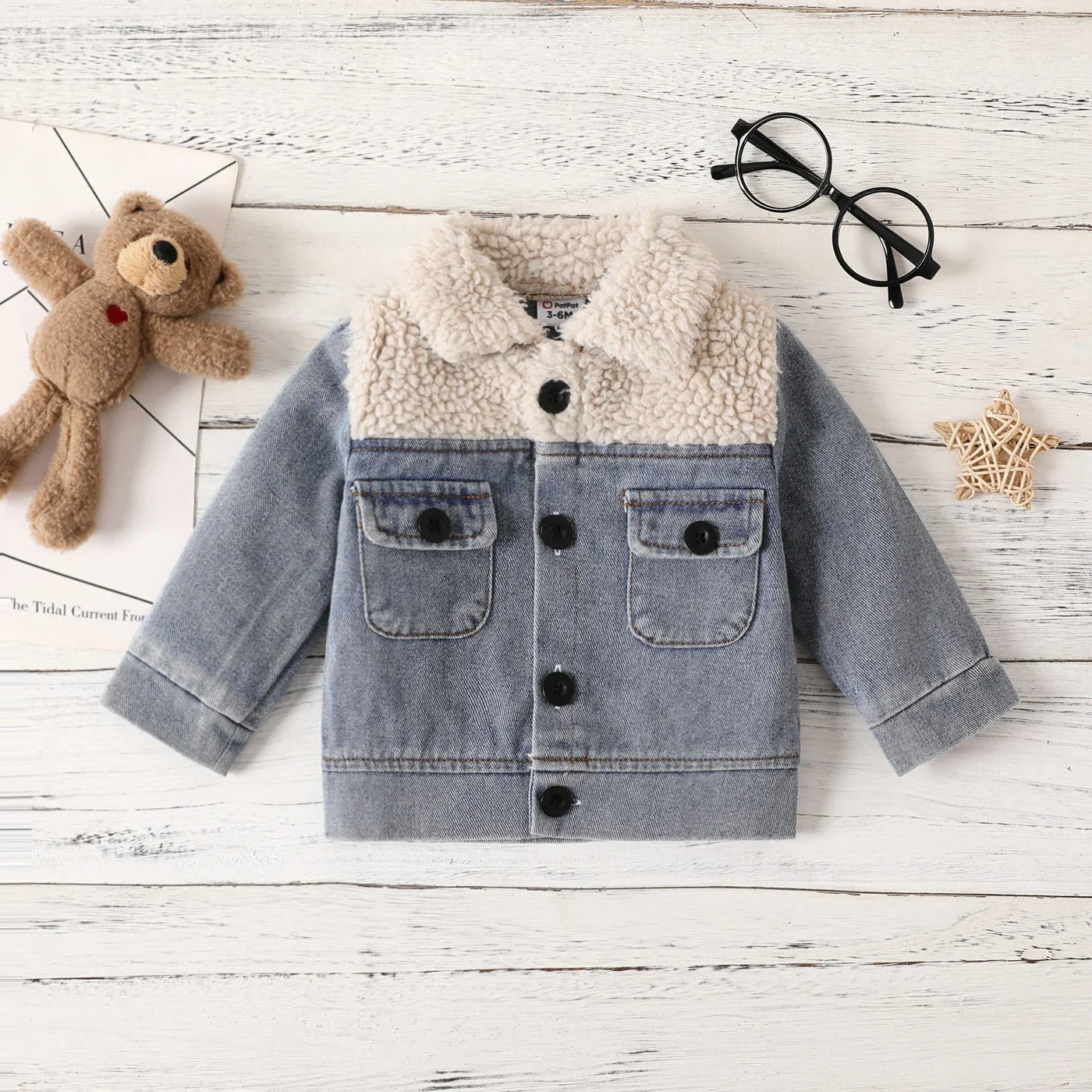 Baby Jacket Children Jacket PatPat Baby Boy/Girl Casual Solid Color Fleece-Stitching Denim Jacket Soft and Comfortable Perfect for Outings and Daily Wear
