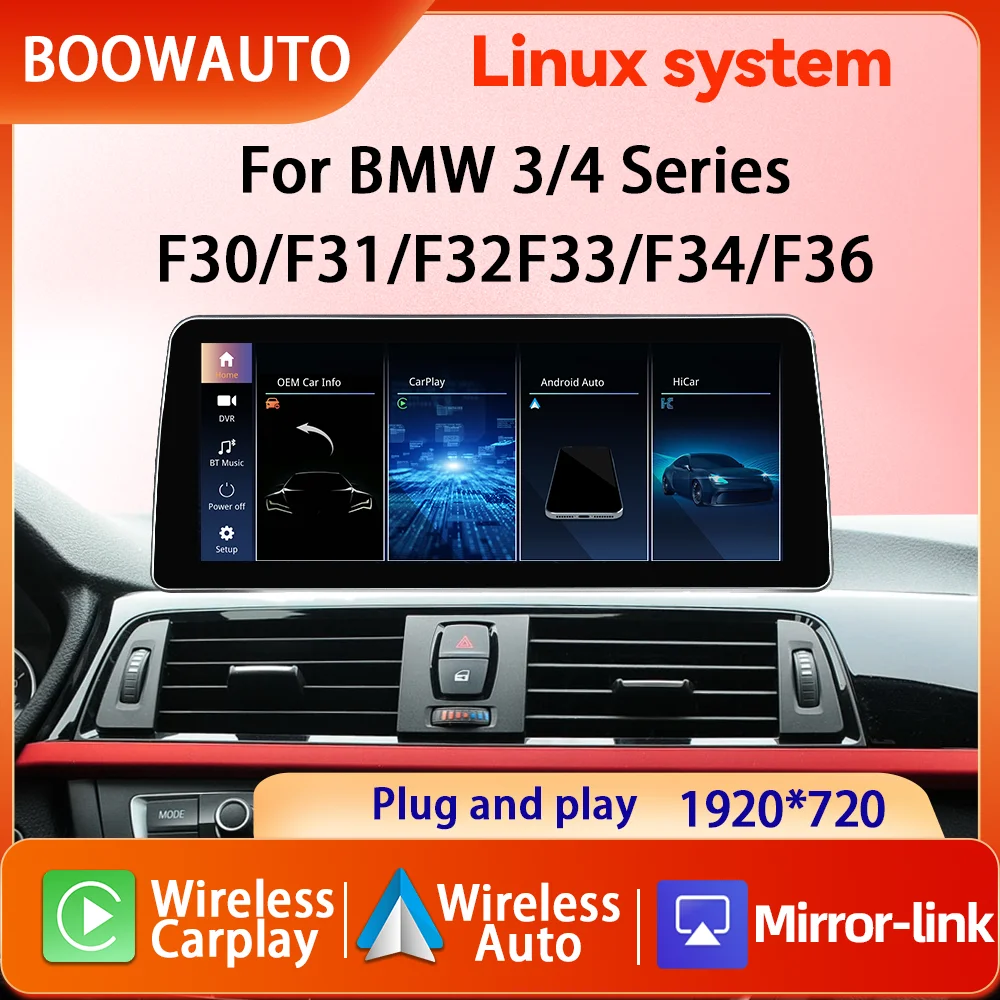 Pantalla de 1920*720 para BMW Serie 3/4 F30 F31 F32 F33 F34 Reproductor Multimedia para Auto Pantalla Táctil con Carplay Inalámbrico y Android Auto 1