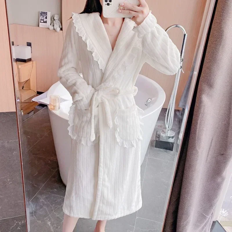 

Sleeve Solid Wears Homewear Sleepwear Fleece Pajama Long Winter Nightdress Nightgown for Robe 2023 Belt Warm Night Lace Women