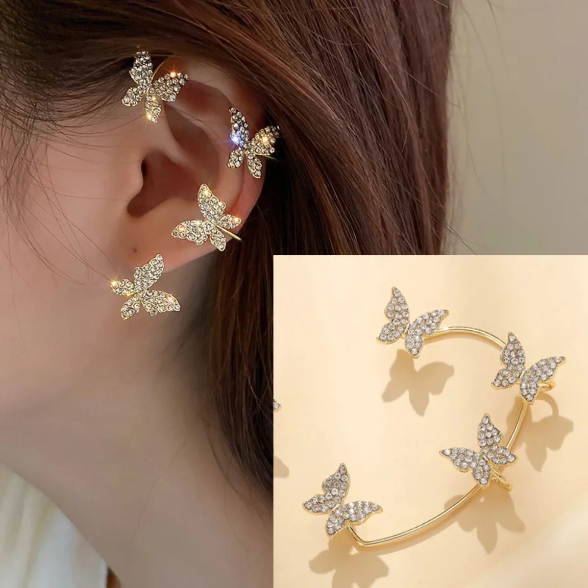Butterfly Earrings For Women Sparkling Zircon Crystal Ear Clip Gold Silver Color