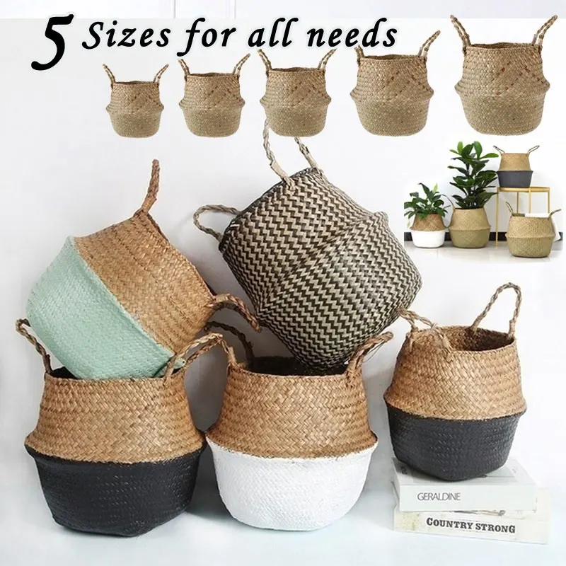 Handmade Woven Storage Basket Folding Clothes Laundry Basket Straw Wicker Rattan Garden Flower Pot Plant Basket 1