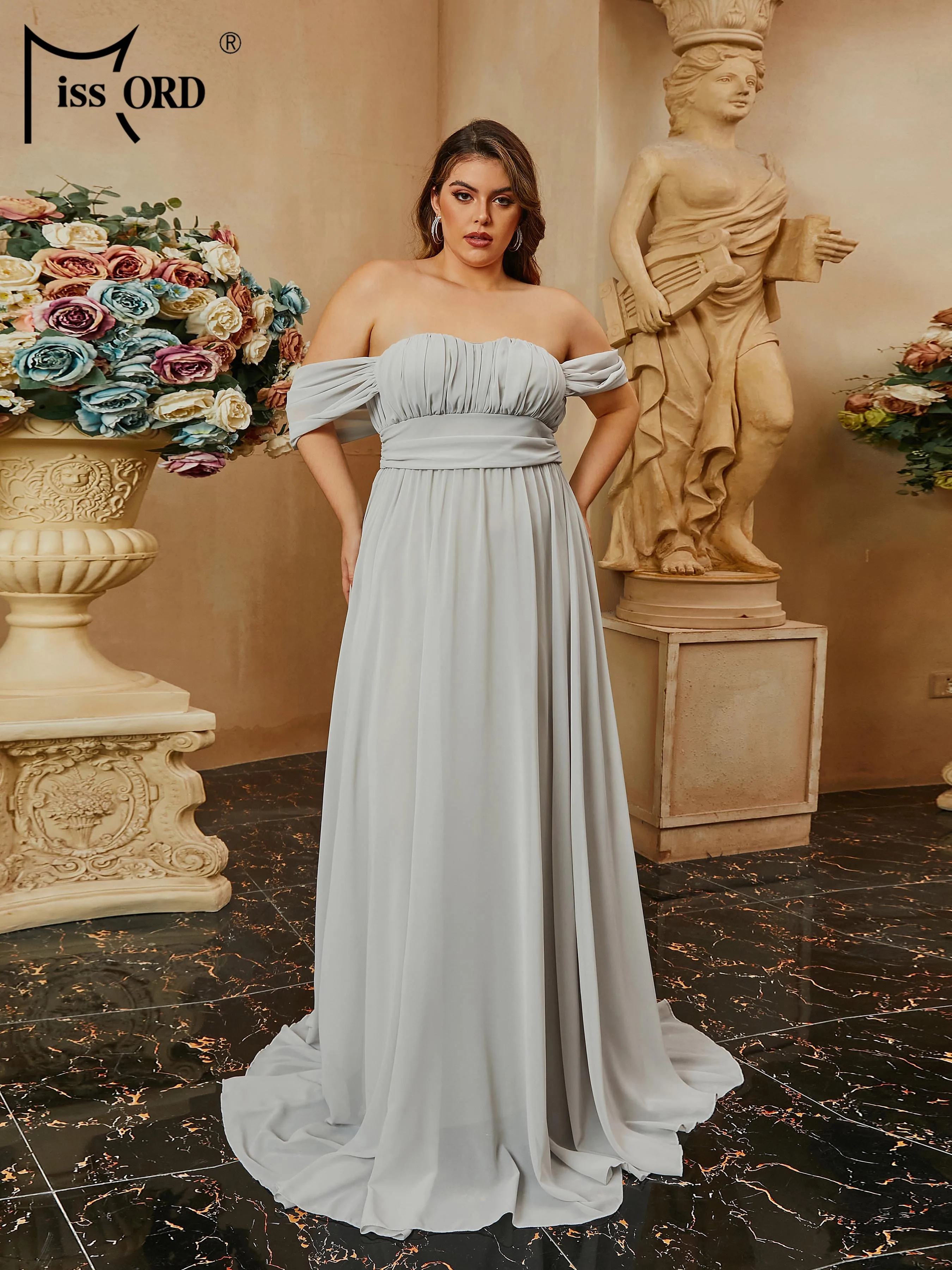 

Missord Plus Size Off Shoulder Pleated A-line Backless Strapless Evening Dress