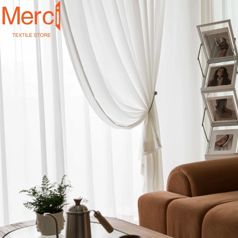 Luxurious Chiffon White Tulle White Sheer Curtains for Living Room Bedroom Voiles Door Screen Partition Door Decoration Solid sheer curtains