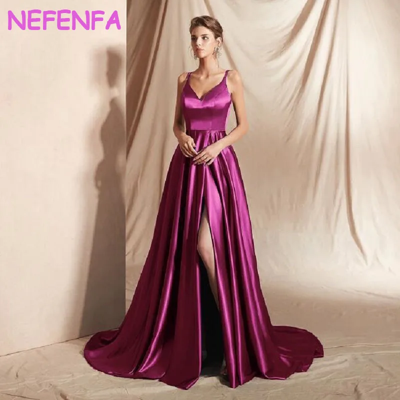 

Сексуальное длинное вечернее платье NBFENFA с глубоким V-образным вырезом для гостей выпускного вечера для женщин с высоким разрезом и открытой спиной атласное летнее официальное женское платье для торжества
