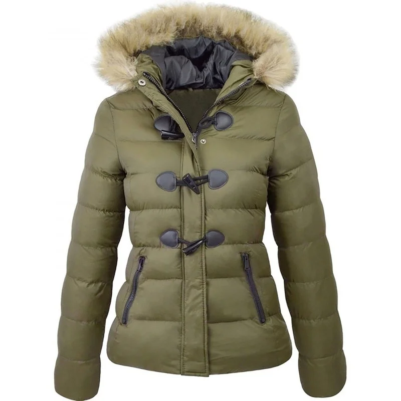 Decoration Winter Models of Cotton-padded Jacket Women's Short Hooded Warm Jacket with Horn Buckle Women's Cotton-padded Jacket