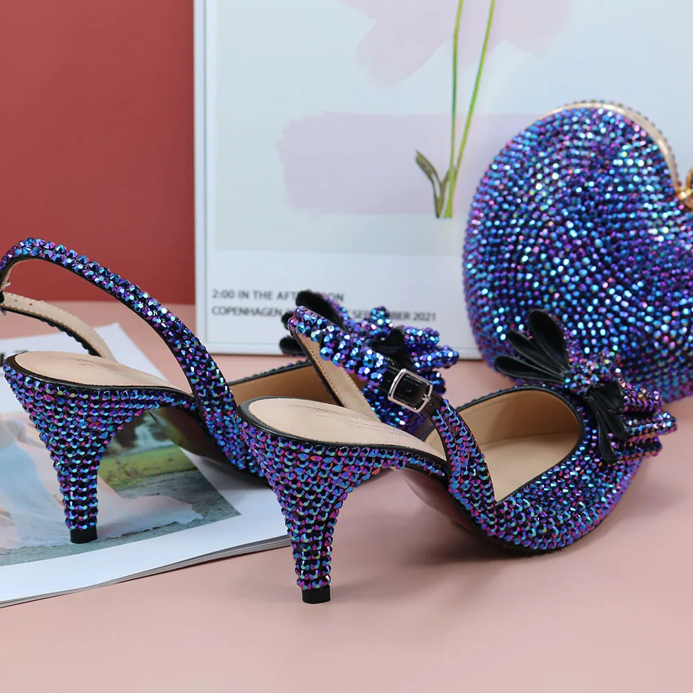 New Bluish purple Crystal Bridal Wedding Shoes and bag set Pointed