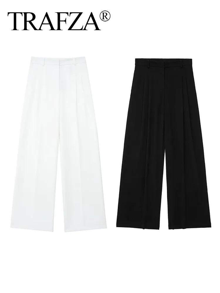 TRAFZA Woman Casual Vintage Folds Side Pockets Decorate Slim Long Pants Women Elegant Solid High Waist Zipper Wide Leg Trousers