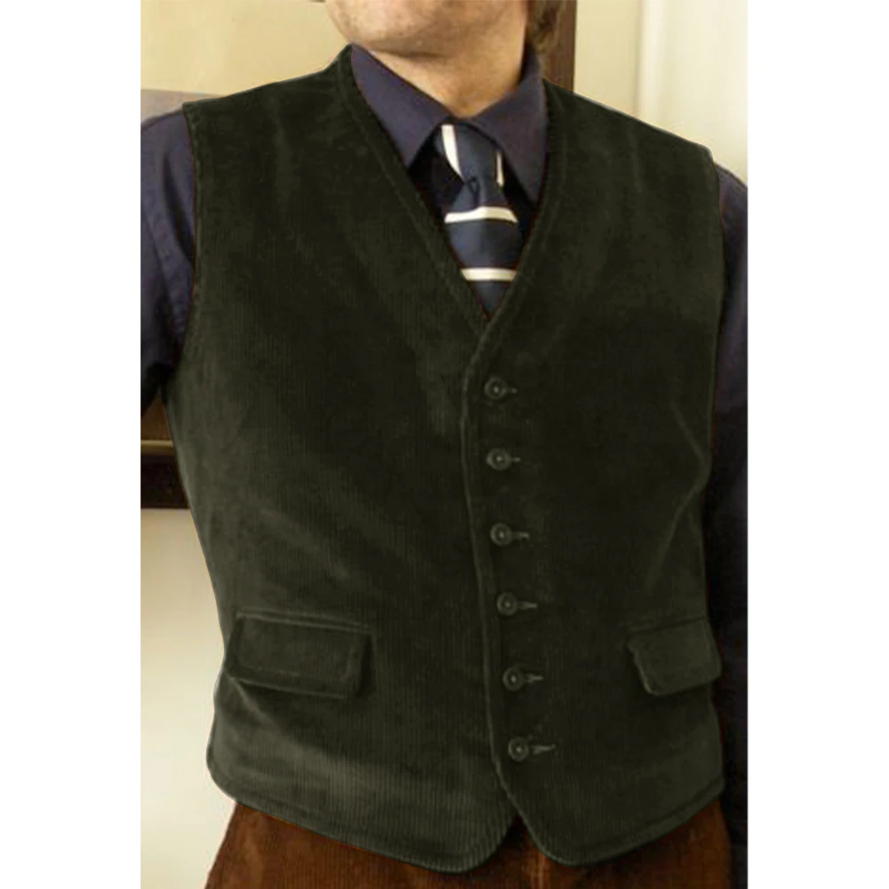 Men's Corduroy Vests Brown Single Breasted V Neck Waistcoat for Men Retro Slim Fit Suit Vests Sleeveless Jacket Male Costume