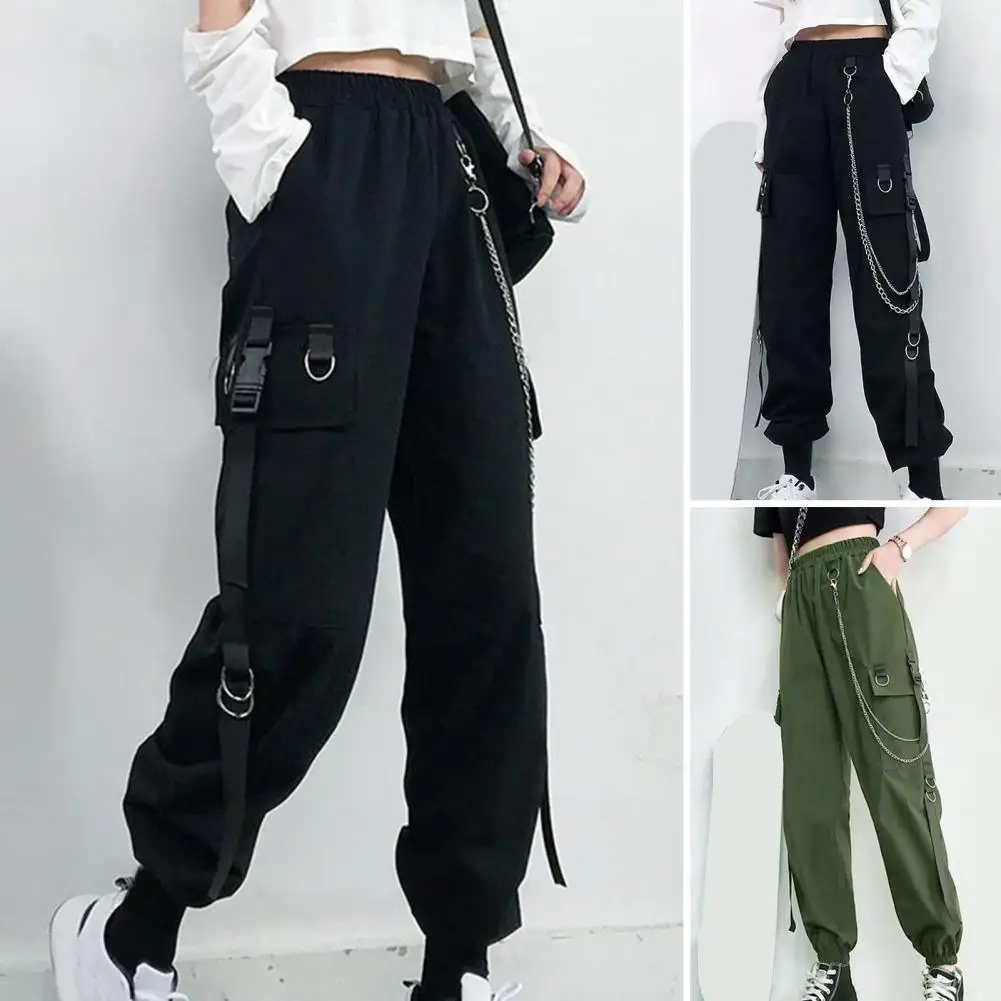

Women Cargo Trousers Streetwear Cargo Pants with Chain Decor Multi Pockets High Elastic Waist for Women Loose Fit Crotch