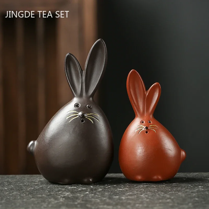 Cute Little Rabbit Sculpture Tea Pet Ornaments Purple Clay Tea Set Decoration Boutique Handmade Tea Figurine Decor Crafts