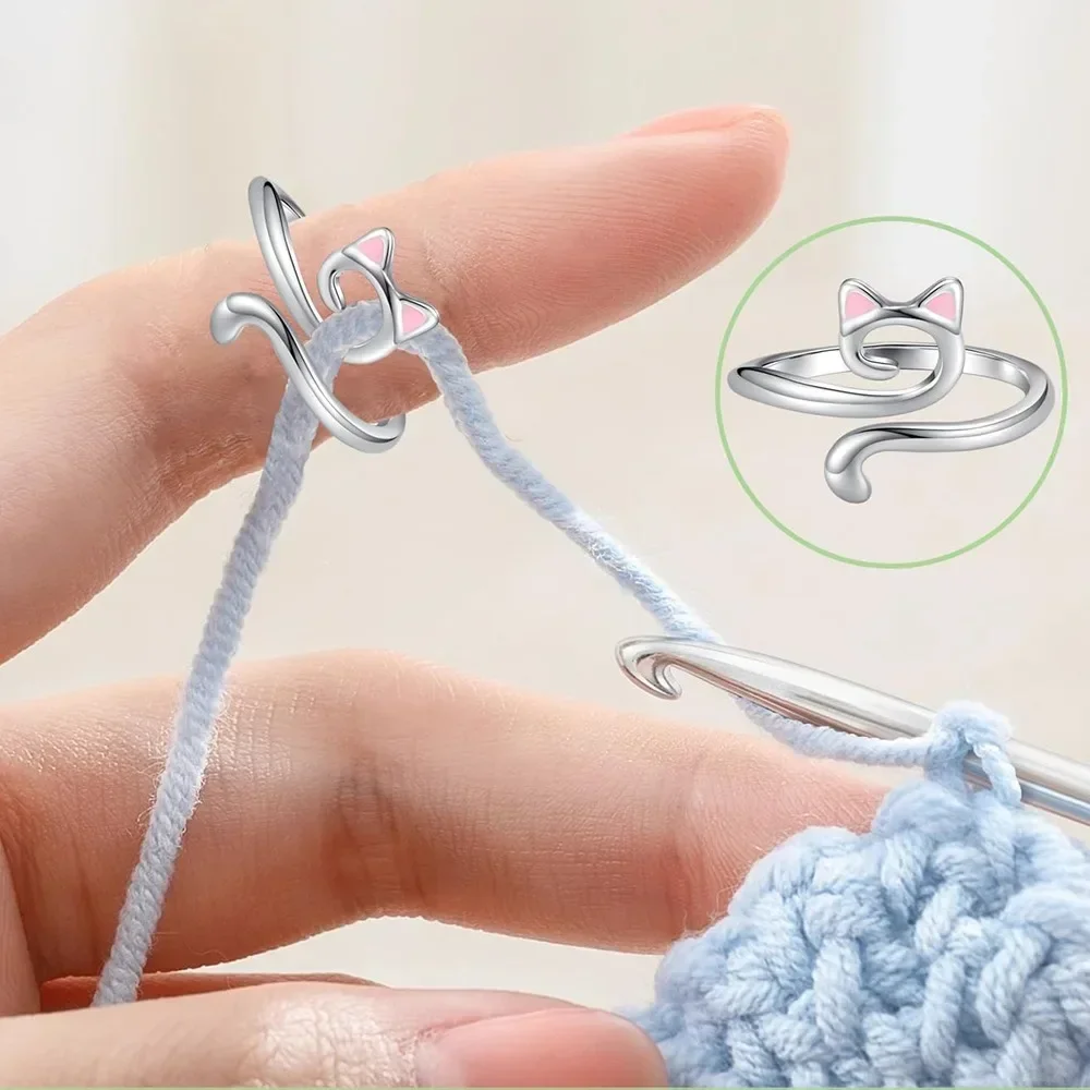 Crochet Tools Adjustable Crochet Tension Cat Ring Beginner Knitting Crochet Hook Ring Yarn Guide Finger Holders Thimbles Winder