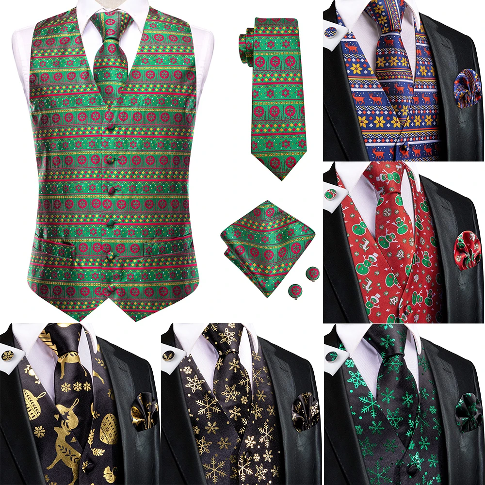 

Hi-Tie Green Silk Men's Vest Tie Christma Business Formal Dress Slim Sleeveless Jacket 4PC Hanky Cufflink Paisley Suit Waistcoat