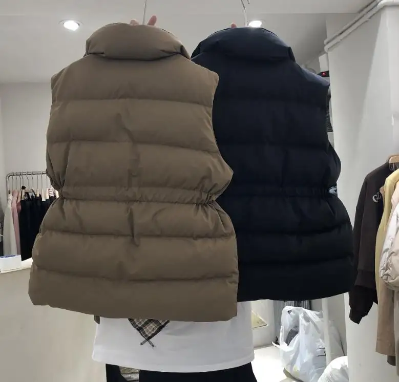 2022 autumn winter new down jacket solid color drawstring waist slimming stand collar sleeveless down vest jacket women